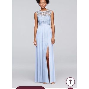 Long bridesmaid dress with lace bodice, ice blue